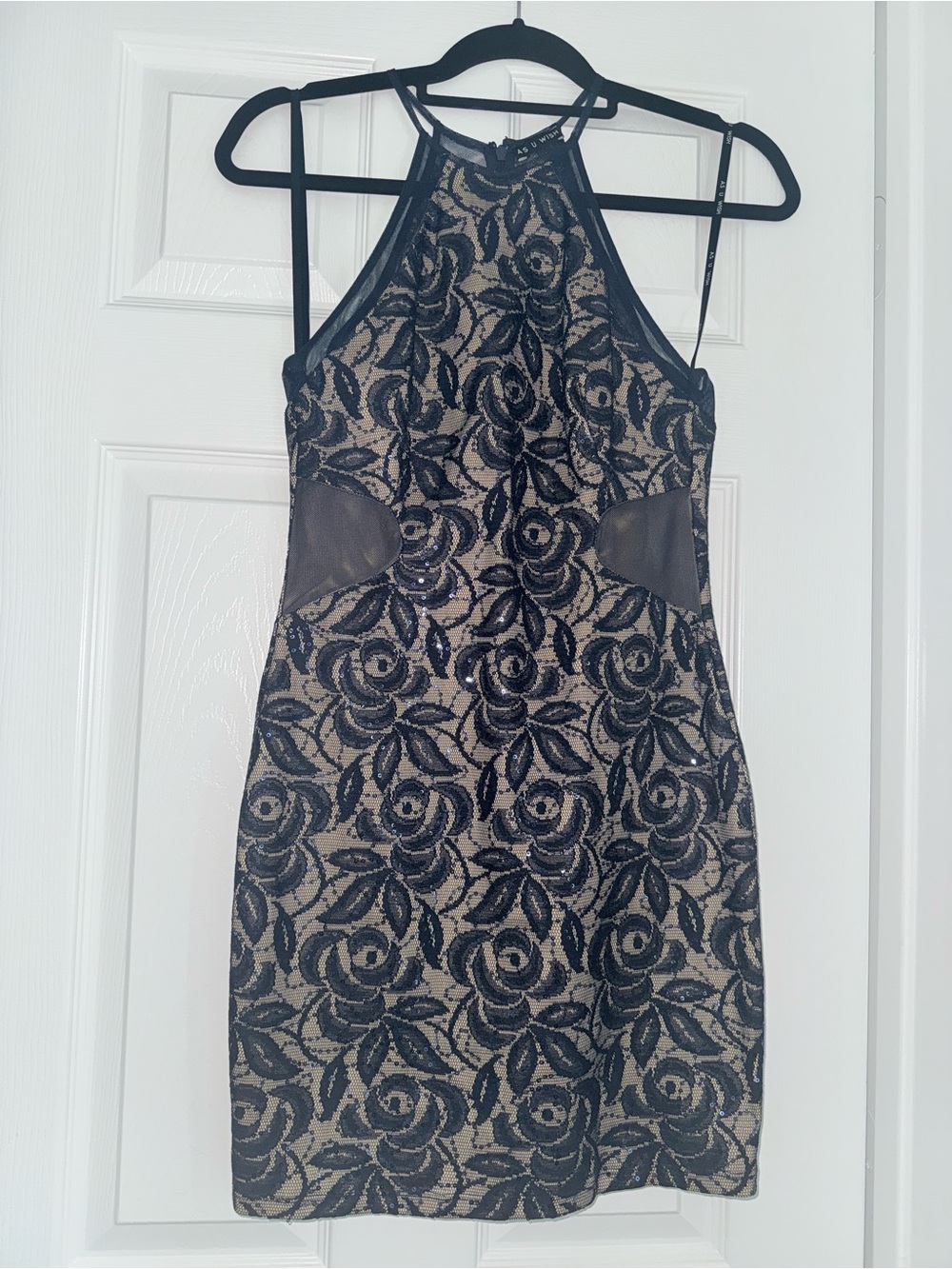 As U Wish Navy Lace Halter Mini Dress with Nude Underlay